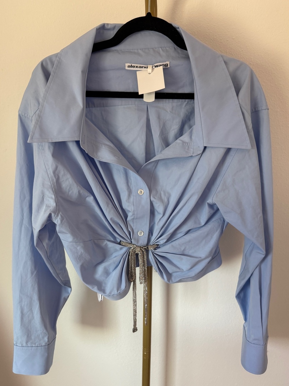 NWOT Alexander Wang Pale Blue Cropped Button-Down Shirt with Drawstring Detail